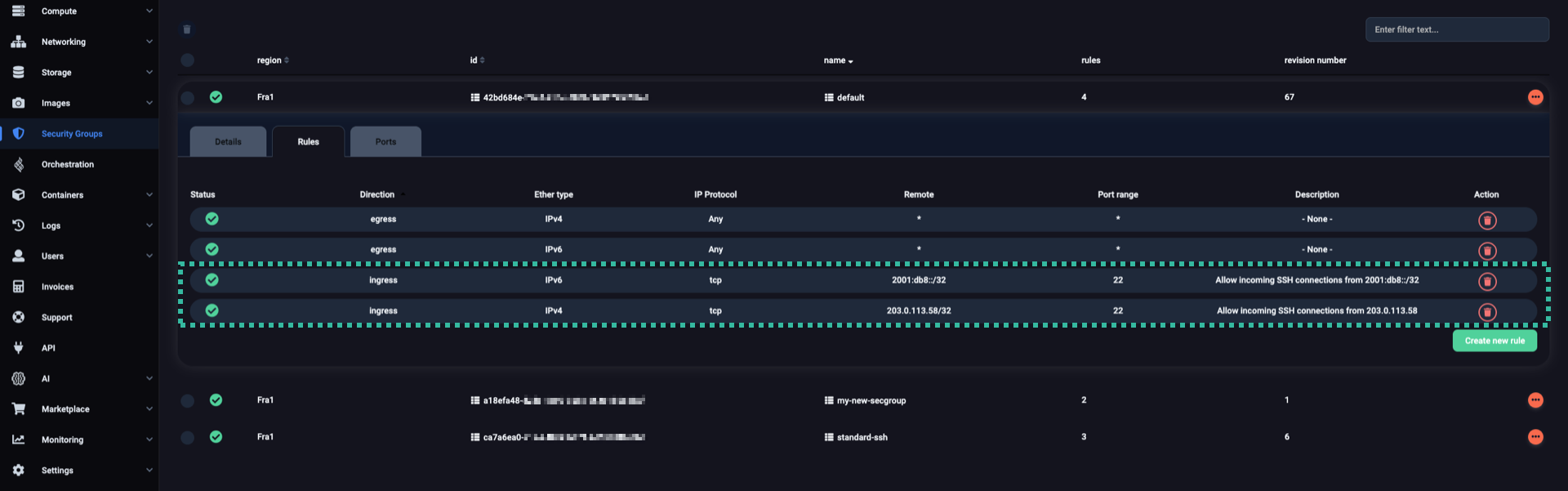 New ingress rules for SSH connections