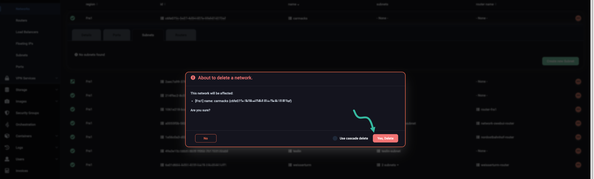Confirm network delete