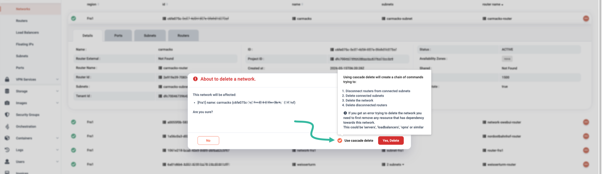 Use cascade delete to automatically delete a network and all related components