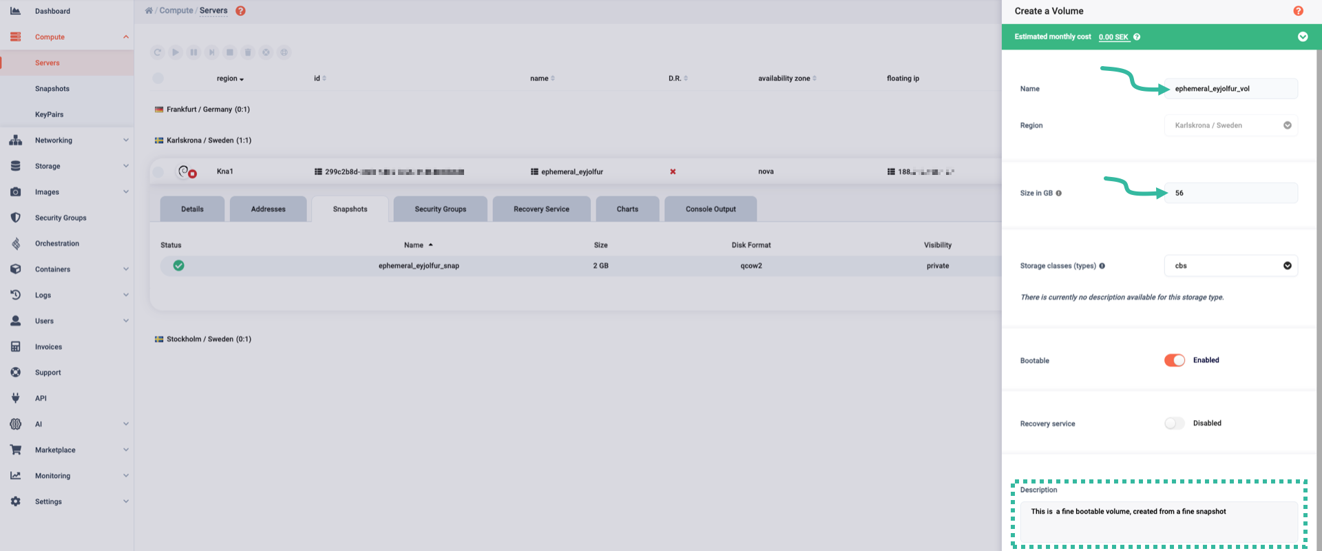 Typing in name, size, and description