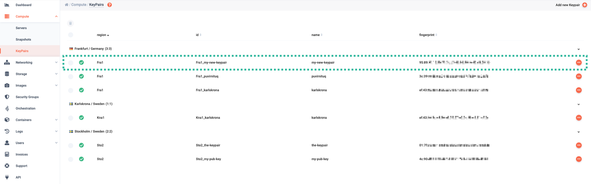 The new keypair is listed under its region