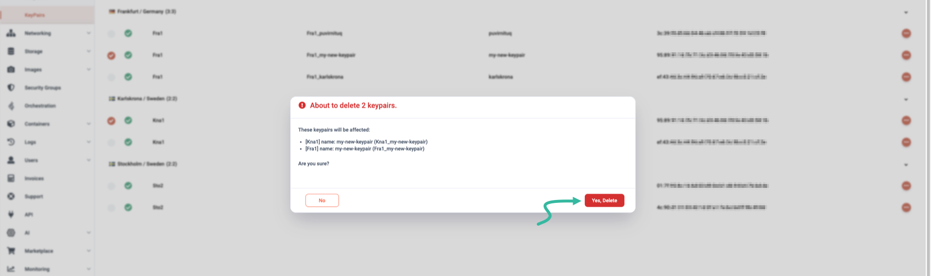 Confirm that you want to delete the selected keypairs
