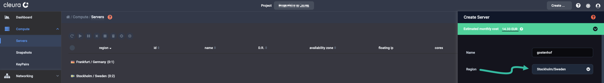 Select a region for the new server