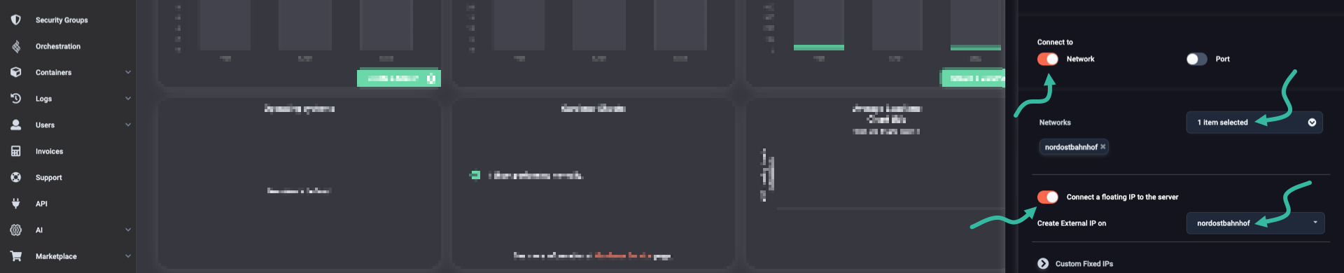 Attach server to a network, and optionally connect a floating IP to server