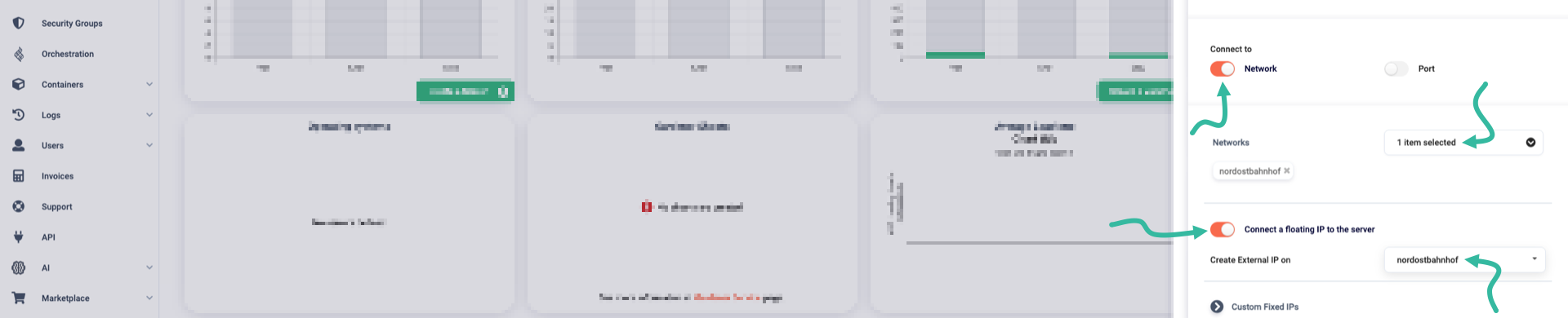 Attach server to a network, and optionally connect a floating IP to server