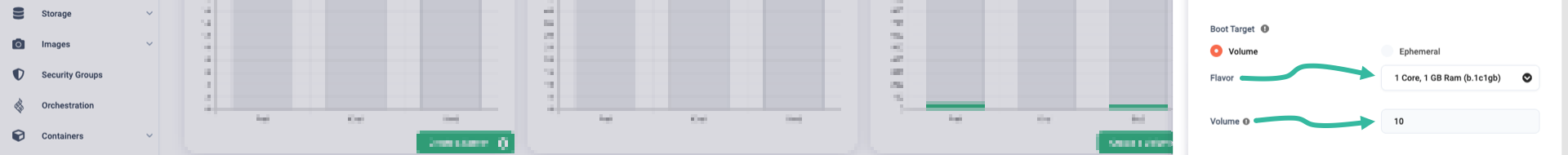 Boot target, volume, and volume size