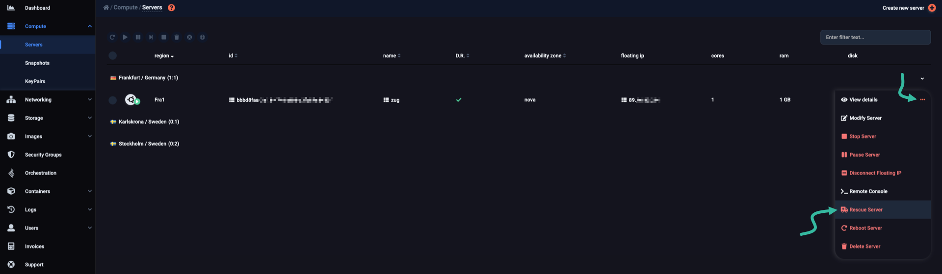 From the server's drop-down menu, select "rescue server"