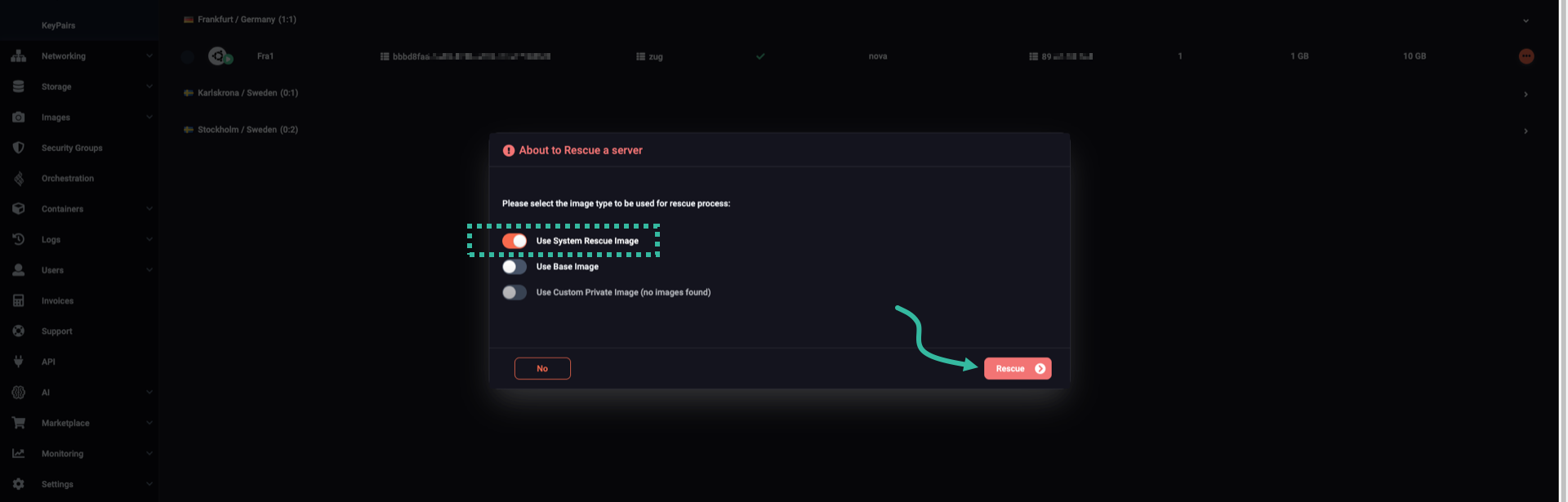 Make sure the "use system rescue image" toggle is active, then click the "rescue" button
