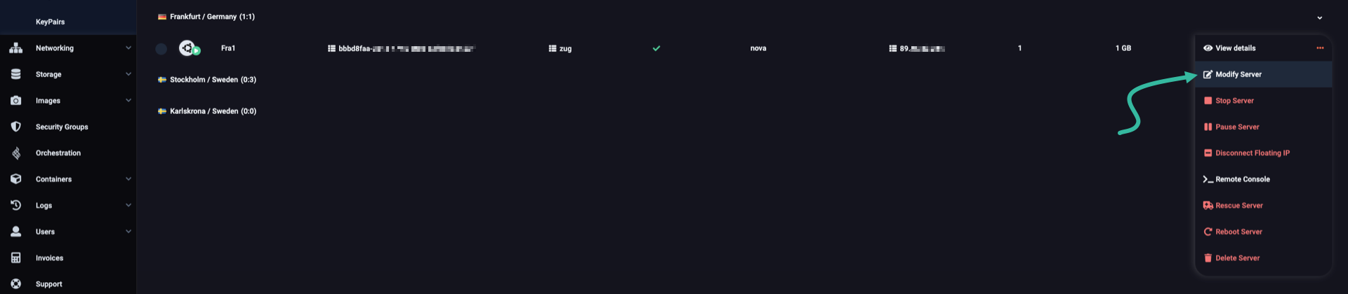 In the drop-down menu of the server you want to resize, click on "modify server"