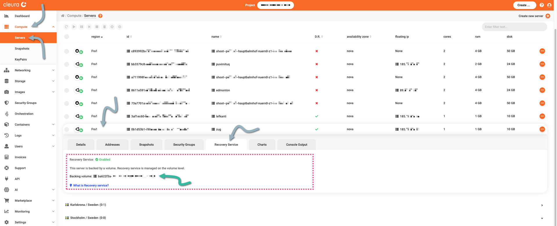 The Recovery Service tab of the server of interest
