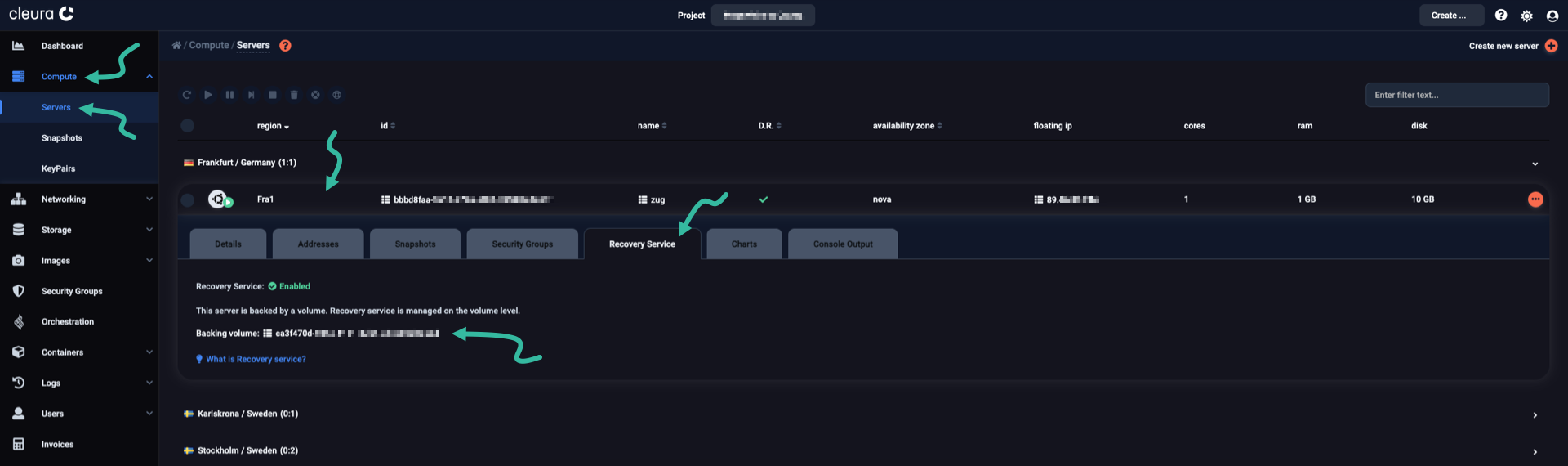 The Recovery Service tab of the server of interest