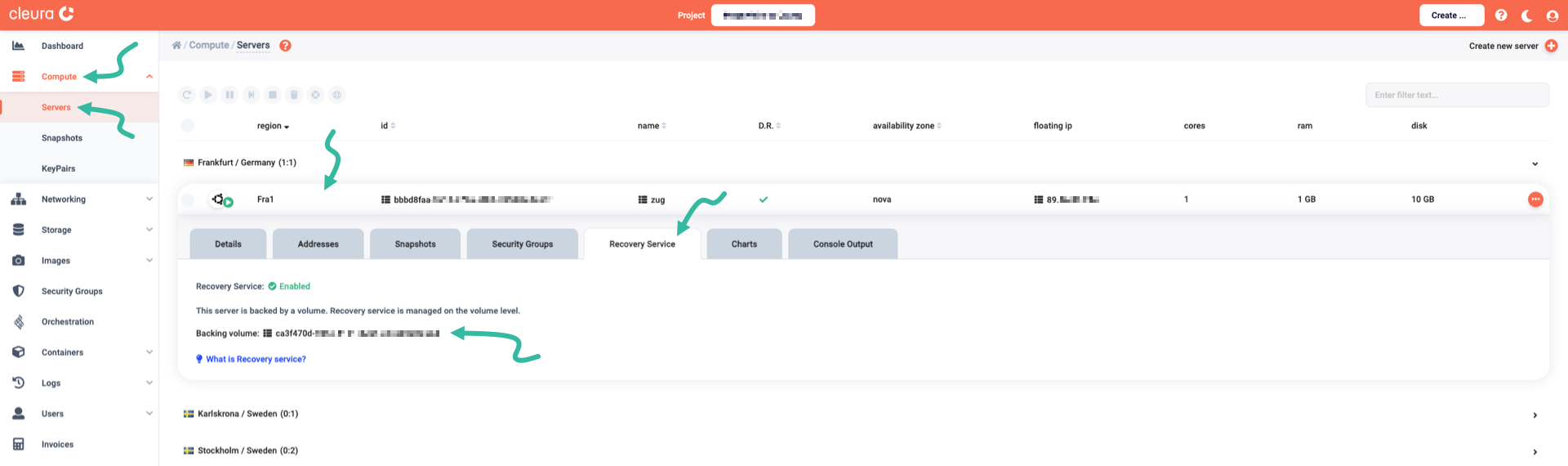 The Recovery Service tab of the server of interest