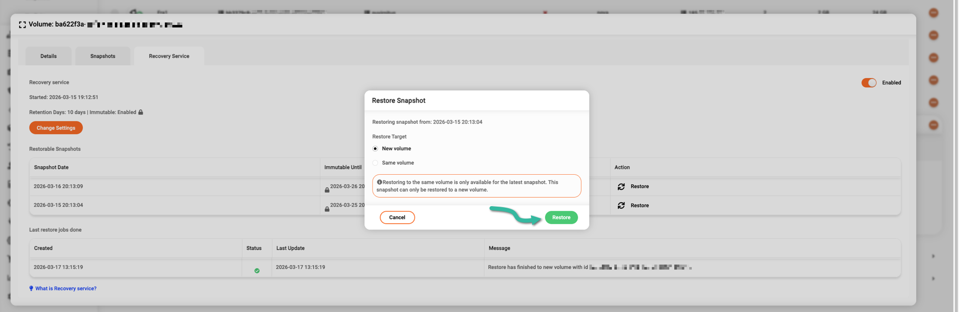 About to restore the latest snapshot