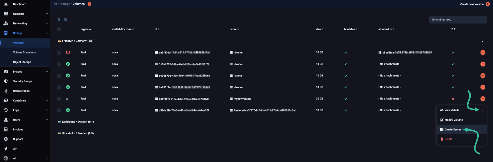 Creating a server from the new volume