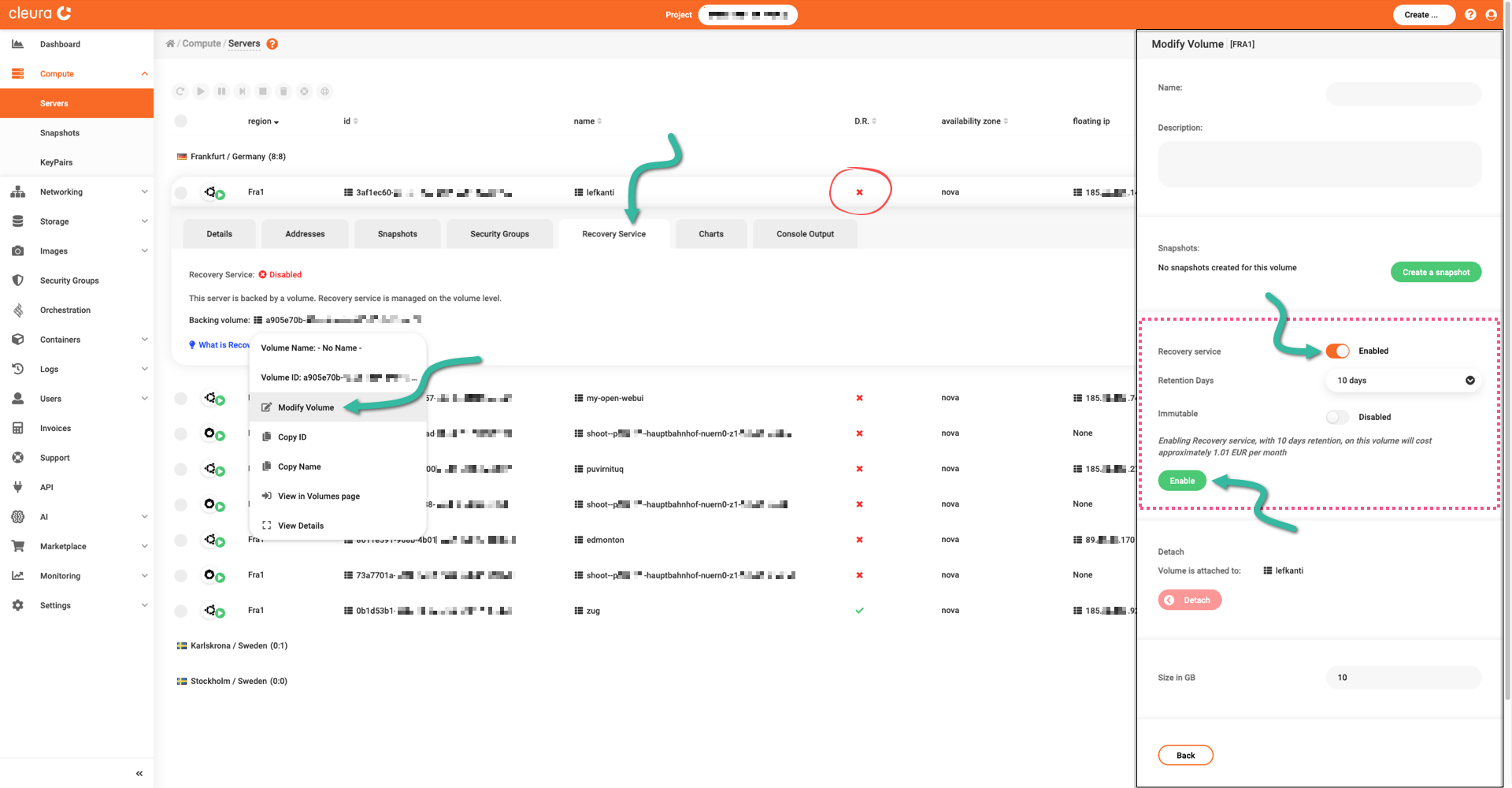 The recovery service feature can be manually activated for any server