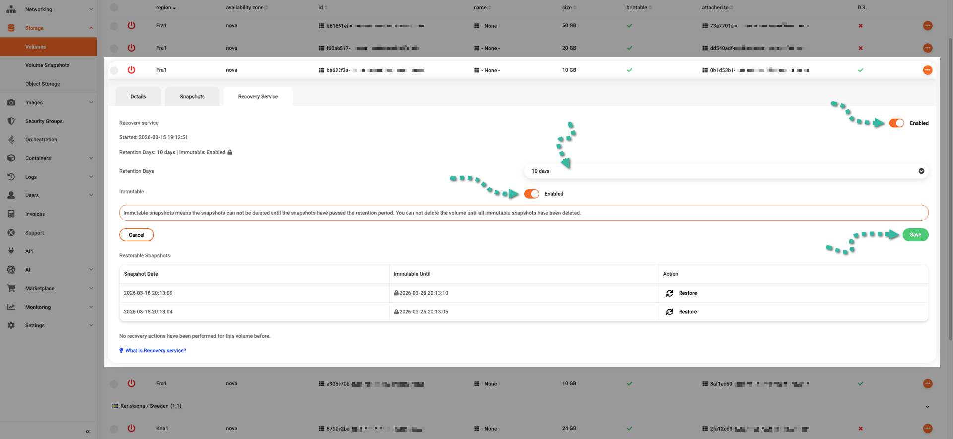 Recovery service, retention period, and immutability controls