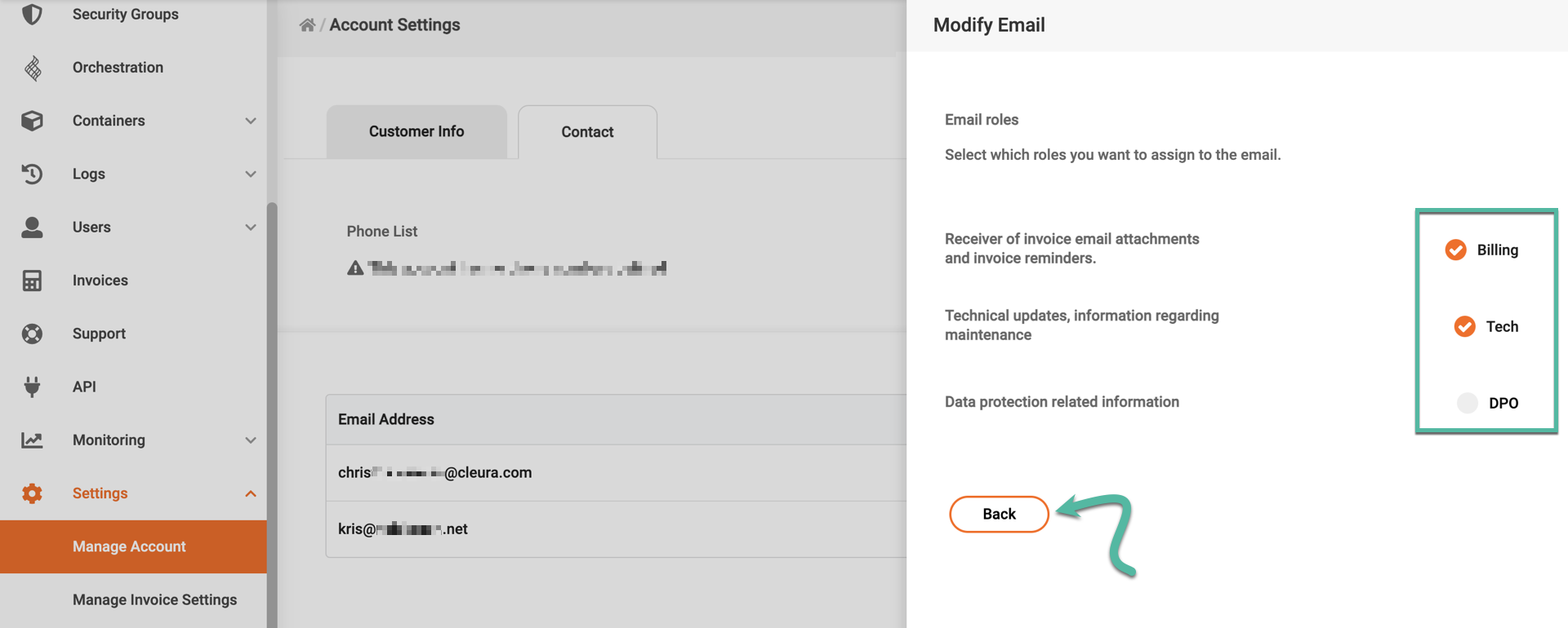 A 'Modify Email' dialog enabling you to select roles for a specific address