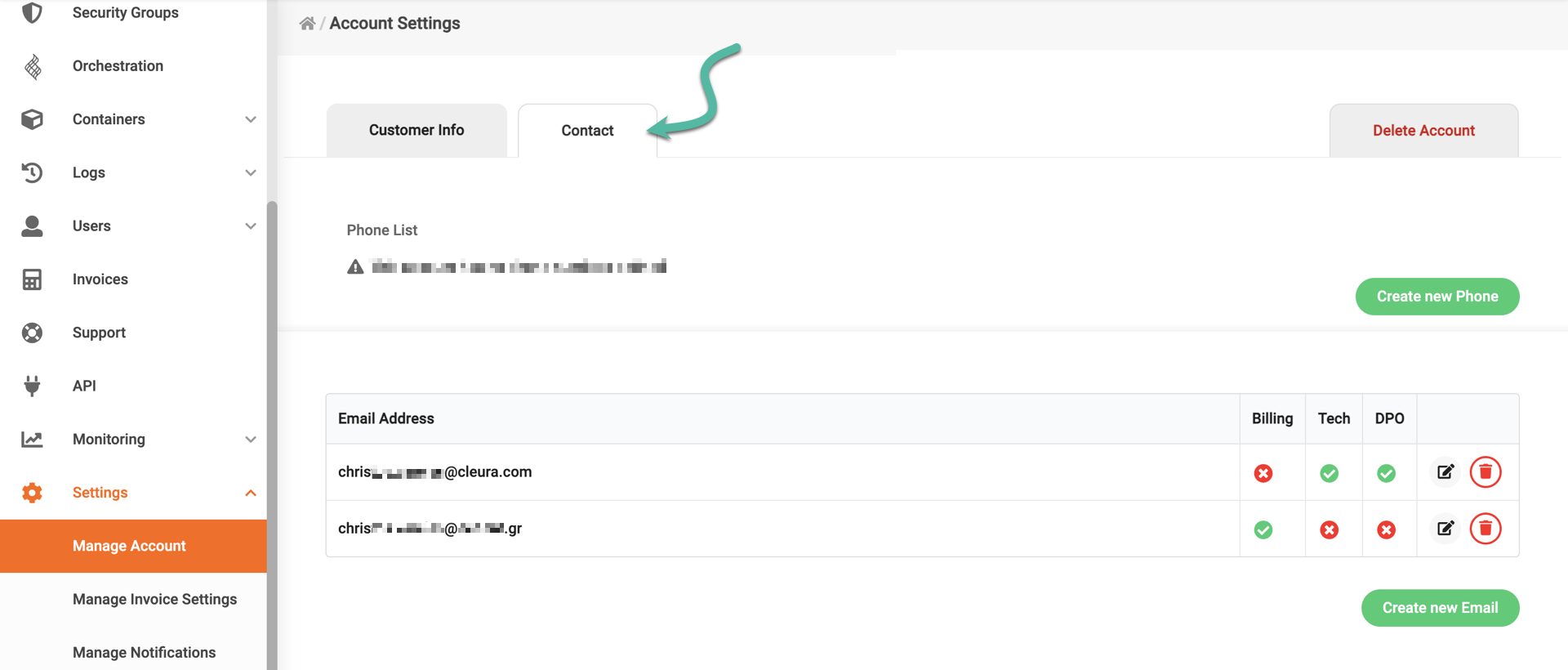 A 'Contact' tab with a green 'Create new Email' button to add new a email address