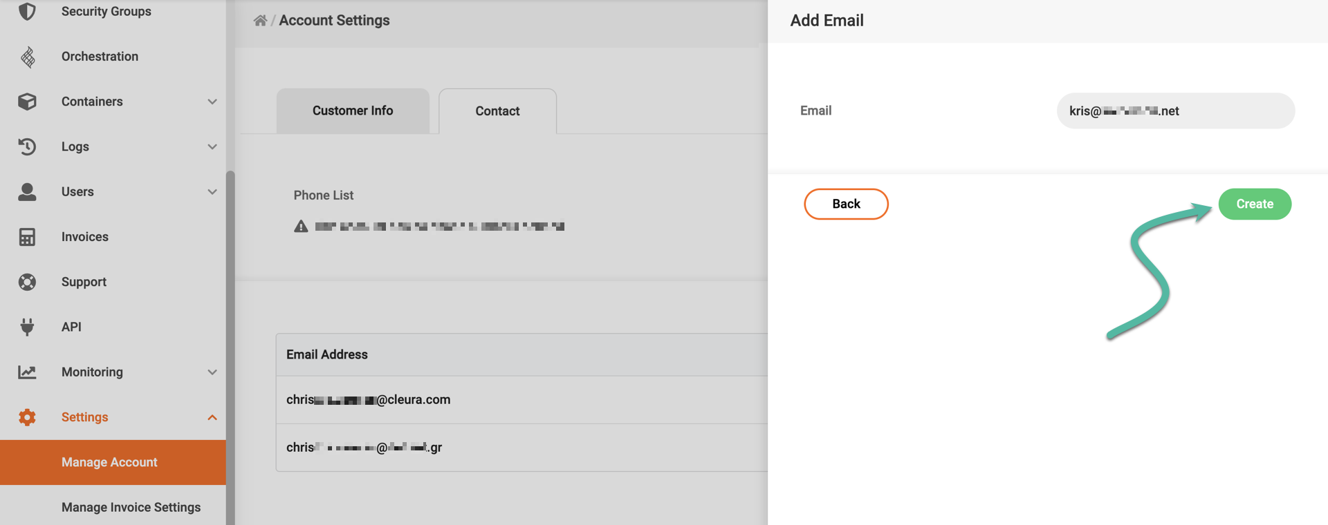 A table of email addresses with a green 'Create new Email' button