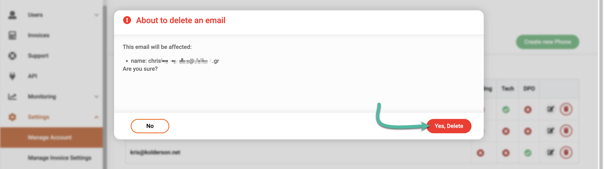 Pop-up window confirming email deletion