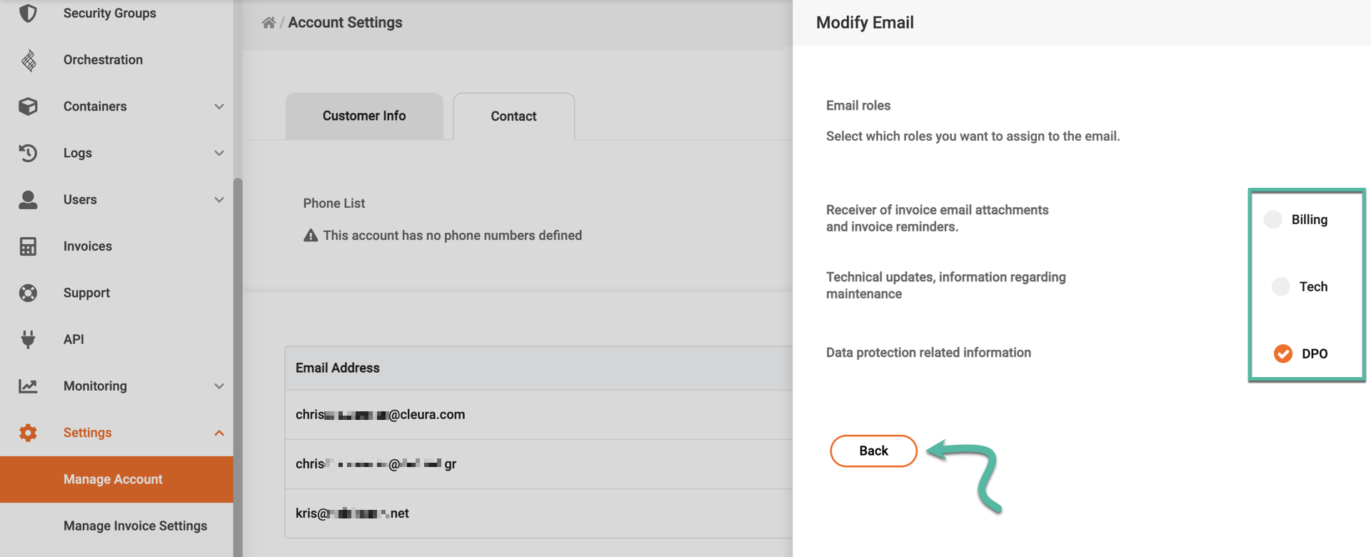 A 'Modify Email' dialog where you can choose one or more roles for your email address, showing the 'DPO' role enabled