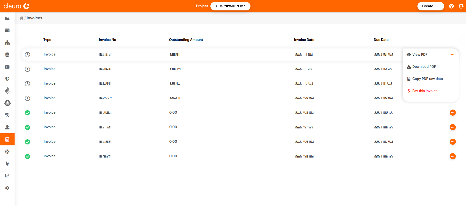 Options regarding selected invoice