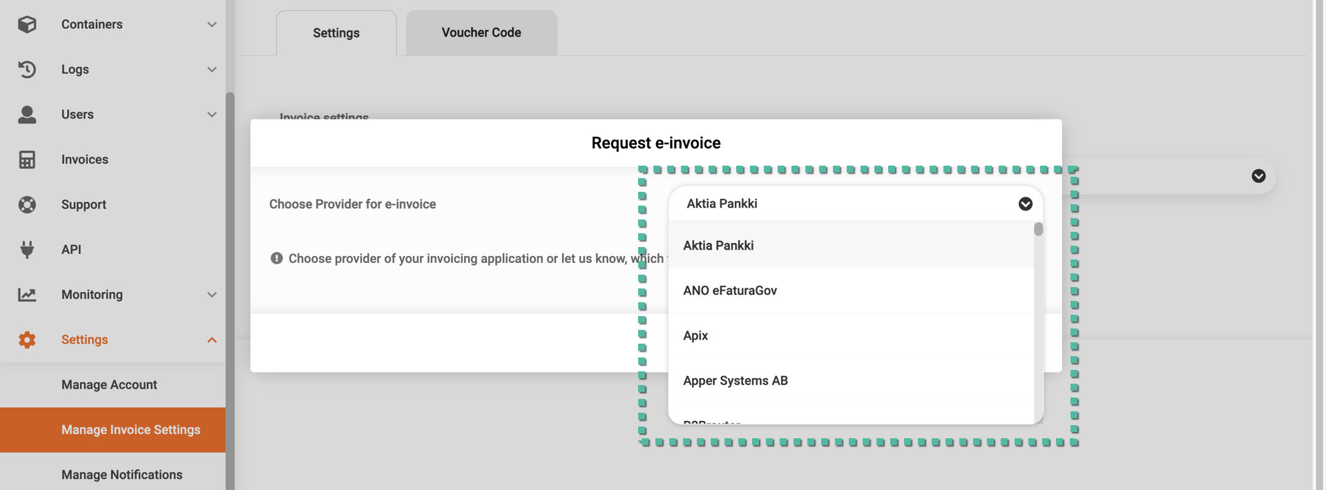 Available invoicing providers