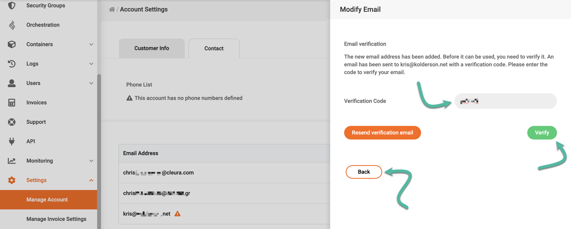 A 'Modify Email' dialog with a text box where you enter your verification code