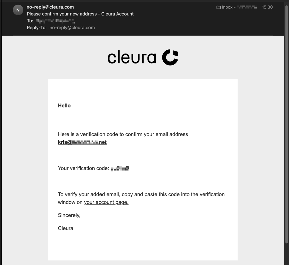An example of a verification email with a verification code