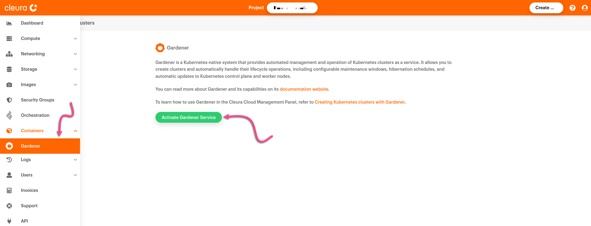 "Activate Gardener" dialog in Cleura&nbsp;Cloud Management&nbsp;Panel