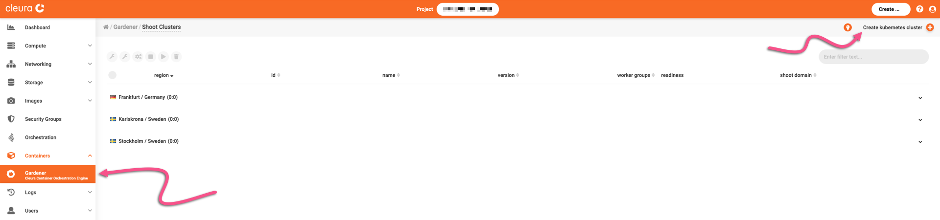 Gardener page in Cleura&nbsp;Cloud Management&nbsp;Panel