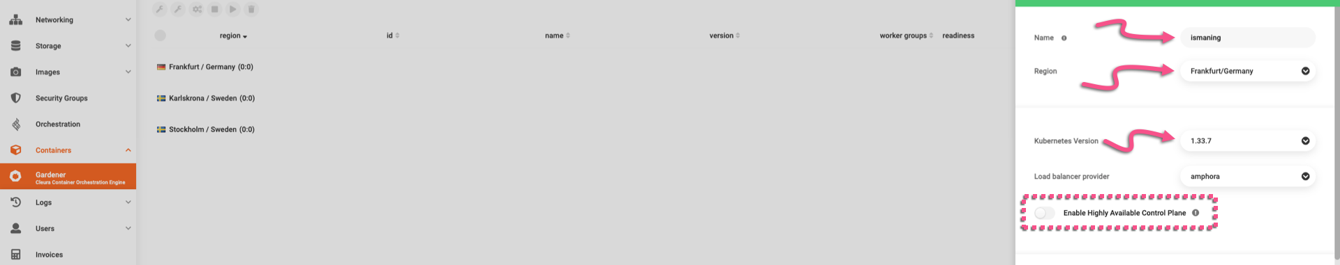 Create Gardener Shoot Cluster panel, showing options to type in a cluster name, select a region, set the Kubernetes version, and turn on HA for the control plane