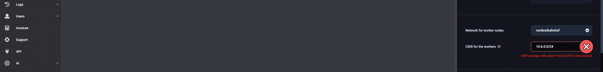 Try selecting a pre-existing CIDR for the worker nodes