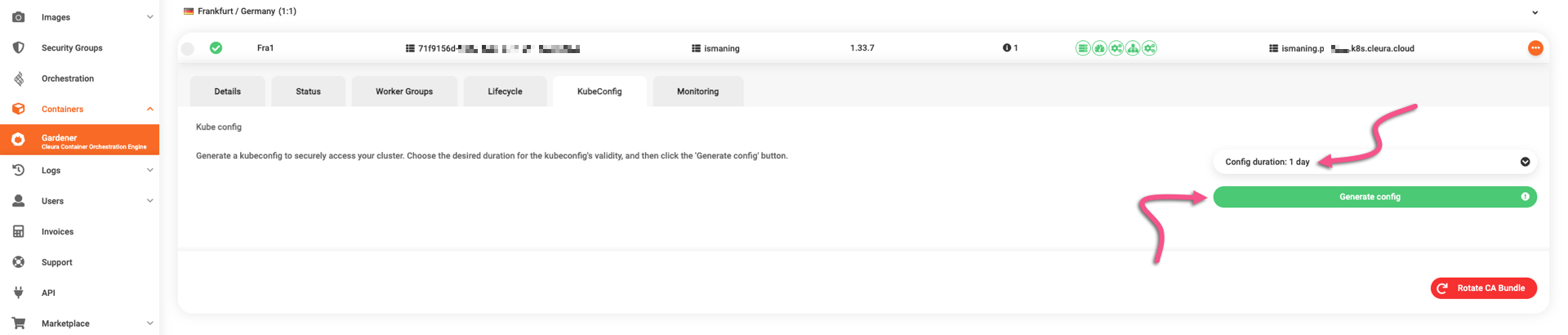 Set duration for the new kubeconfig and generate it