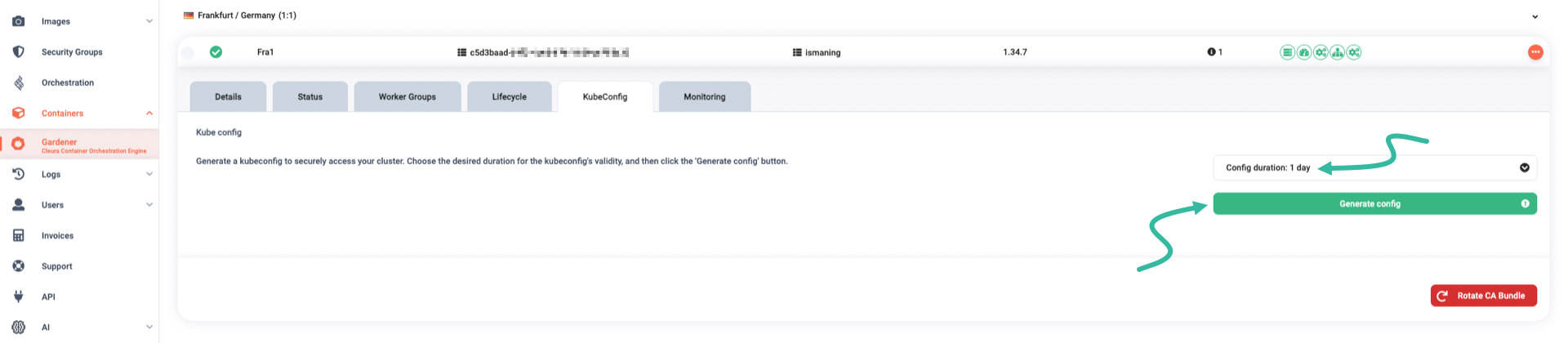 Set duration for the new kubeconfig and generate it