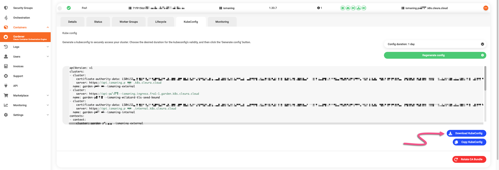 Download fresh certificate-based kubeconfig