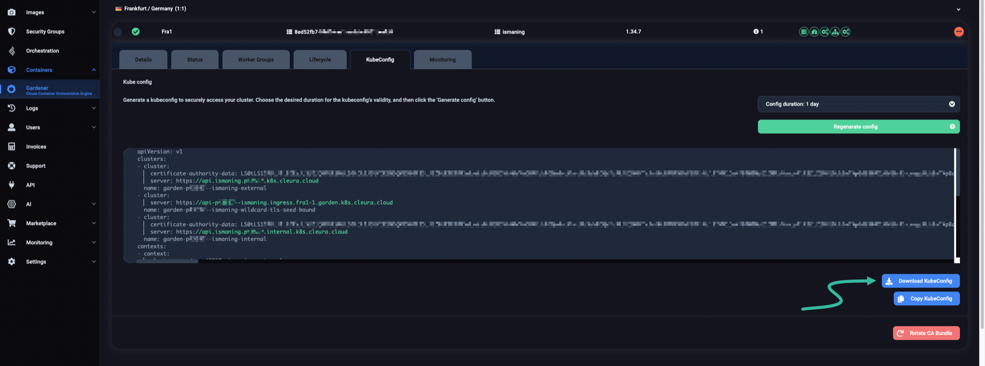 Download fresh certificate-based kubeconfig
