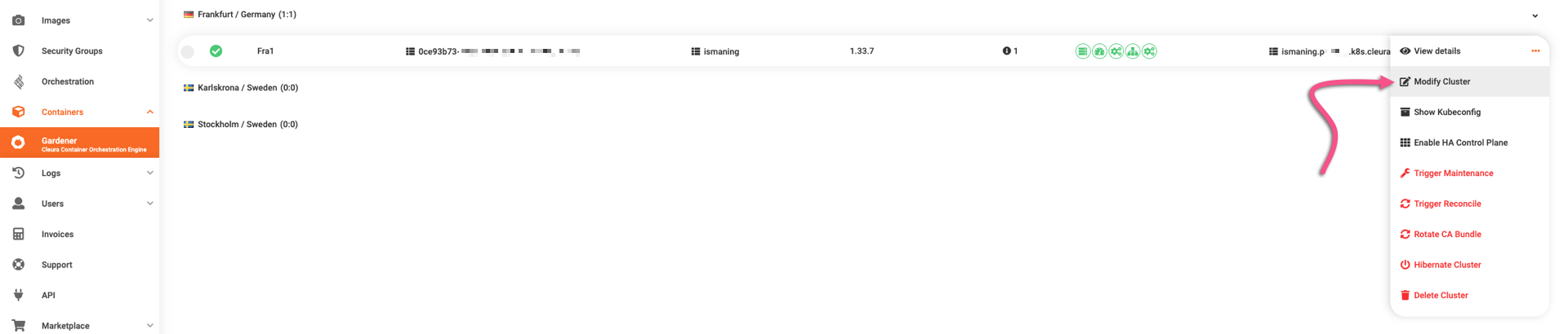 Select the option for modifying a cluster