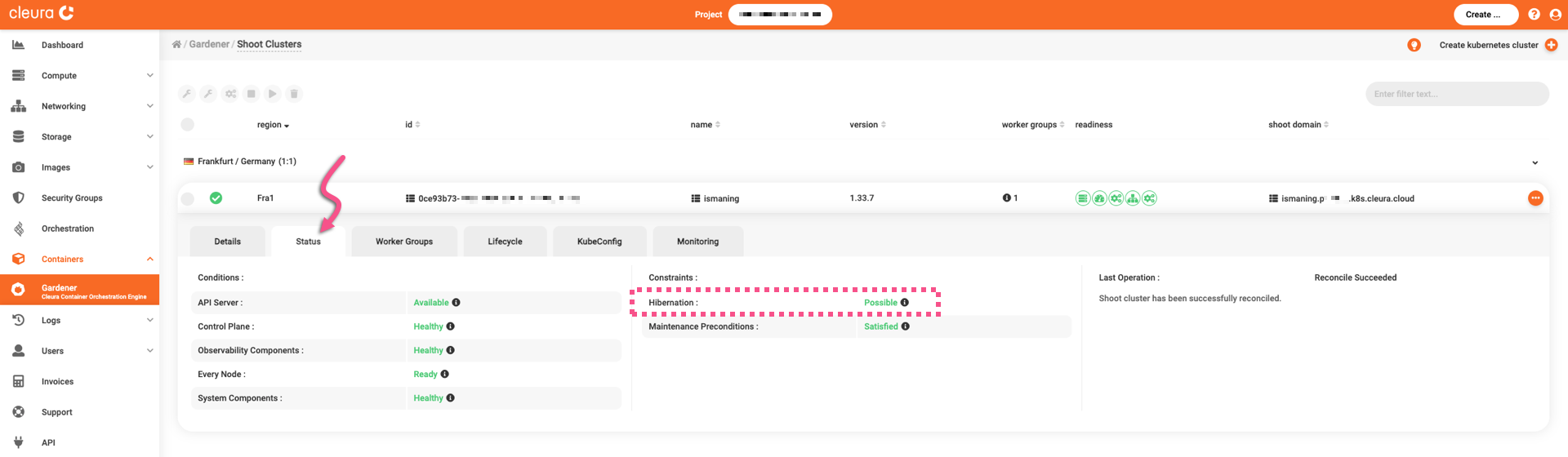 Gardener cluster status