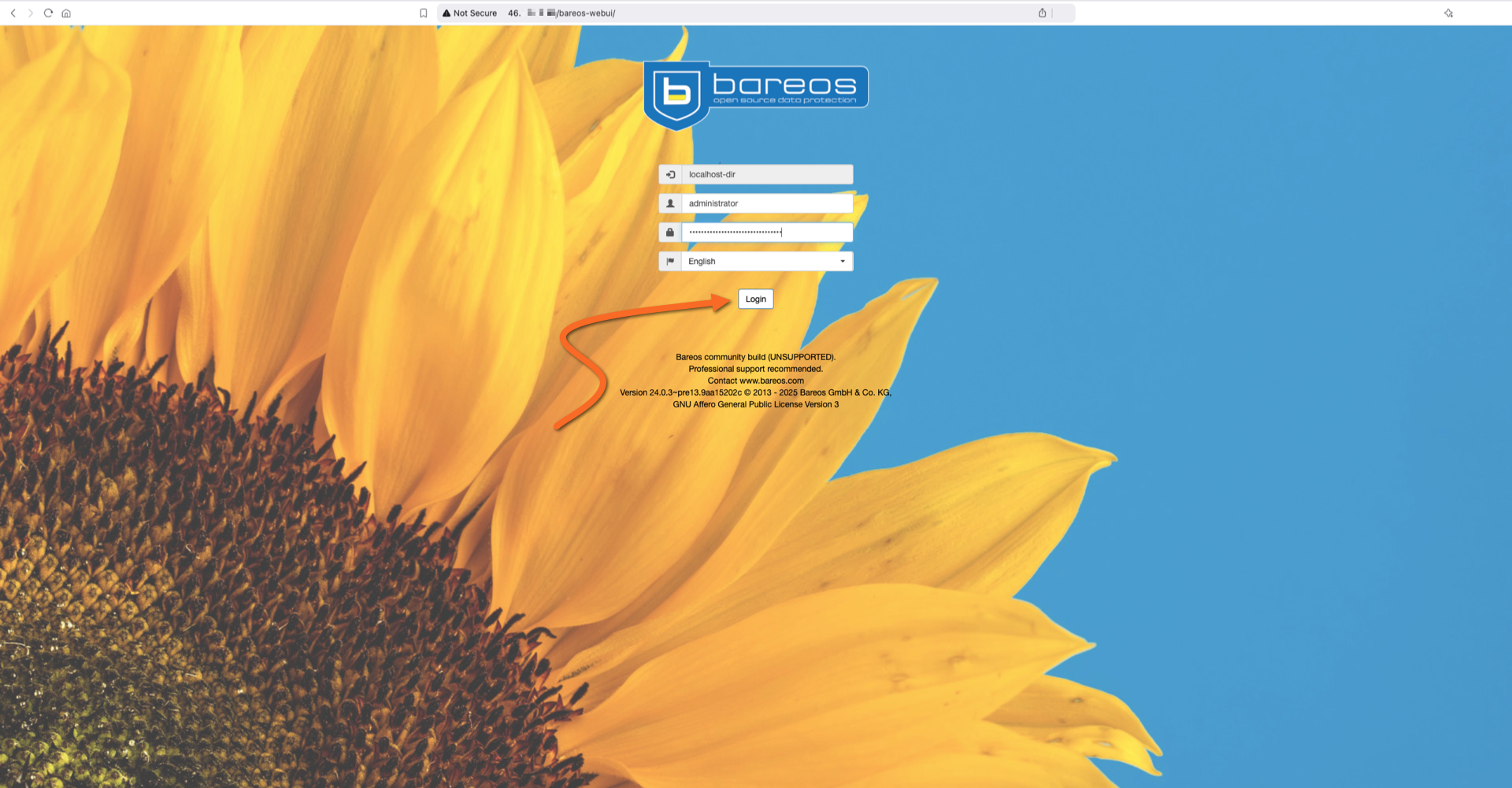 The Bareos login page