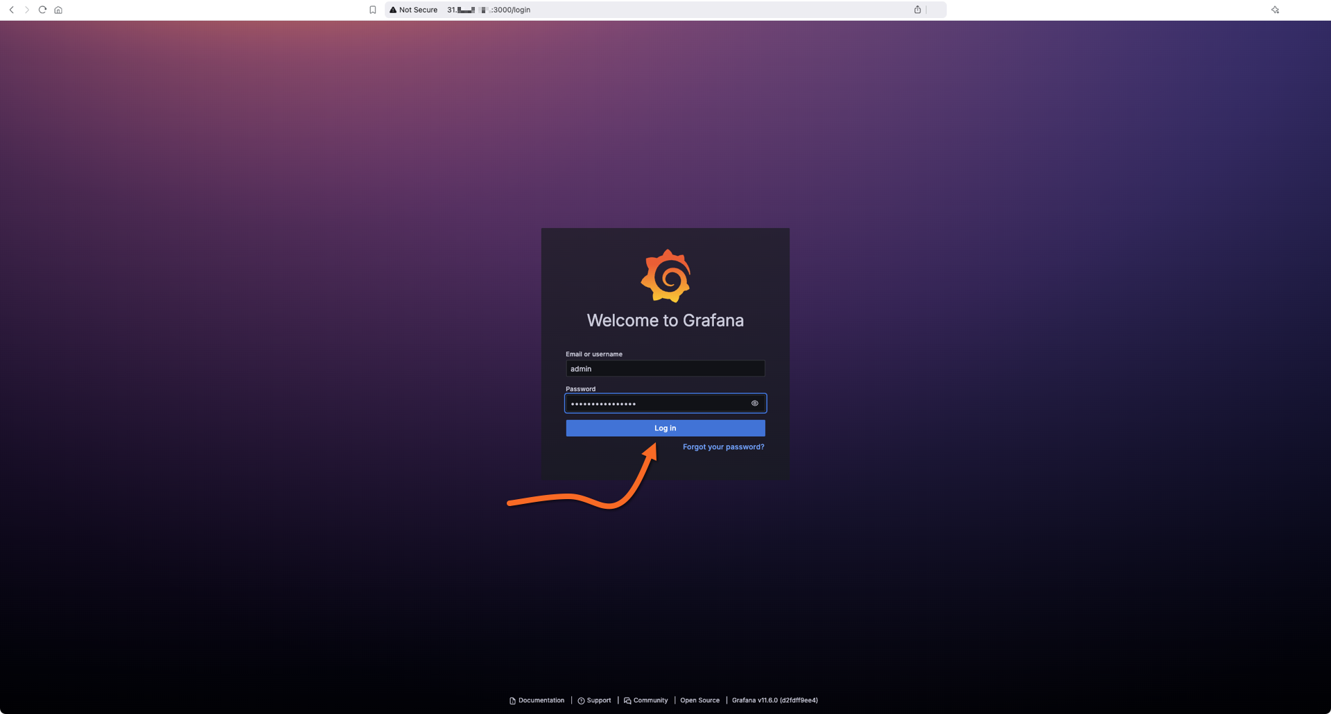 The Grafana login page
