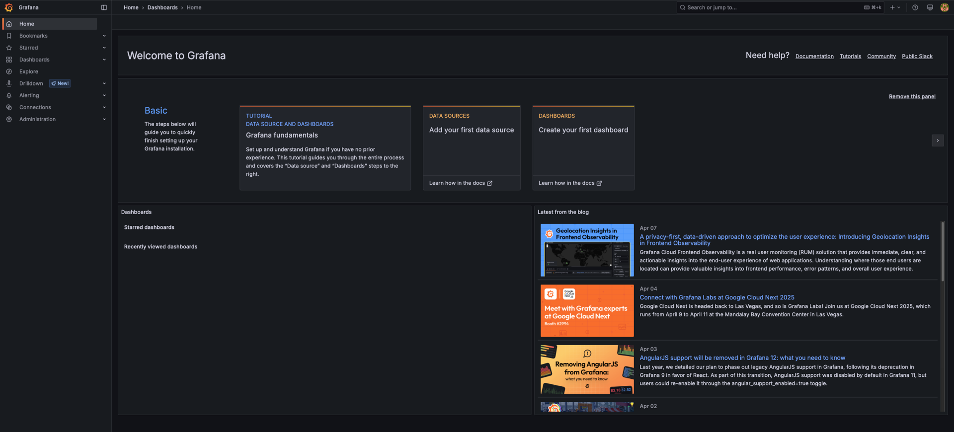 The Grafana landing page