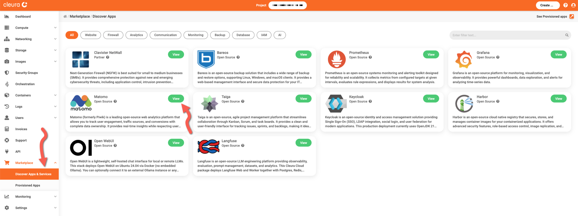 Select the Matomo application