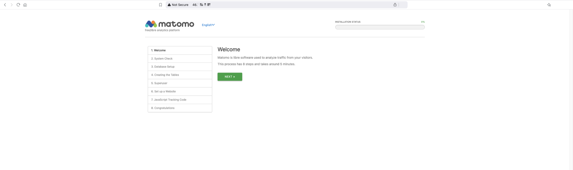 The Matomo welcome page