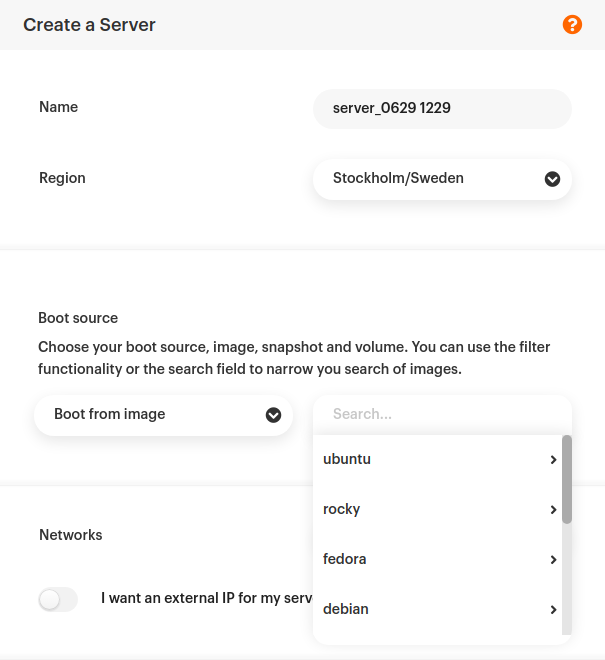 A panel displaying the images sorted by operating system during server creation.