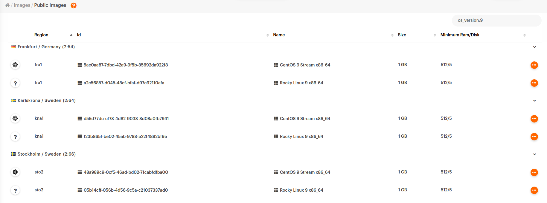 A public images panel that uses filtering of images by os_version tag to show all images of version 9 in all regions.
