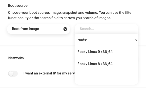 A panel displaying Rocky images when user descends to rocky folder on create a server screen.