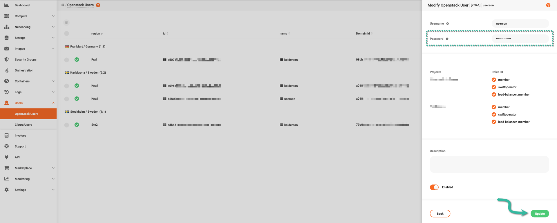 Change password of OpenStack user