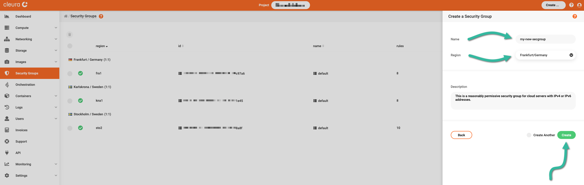 Setting parameters for the new security group