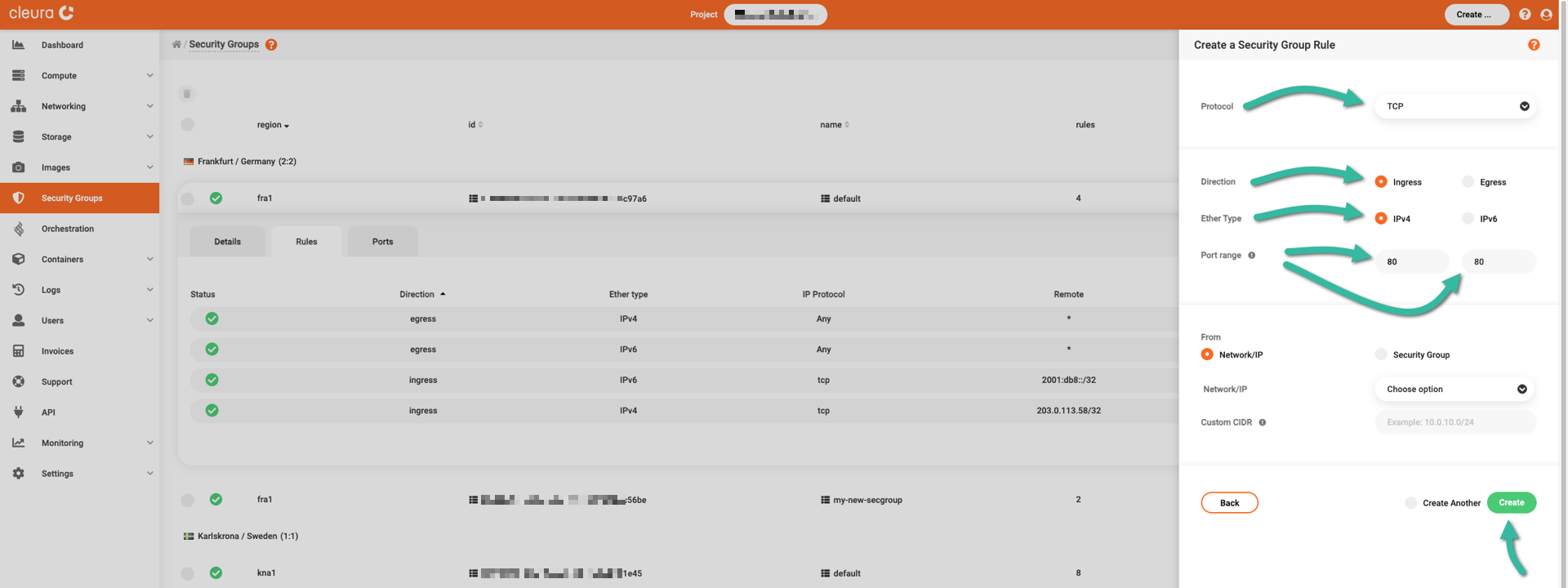 Create new ingress rule for IPv4 connections to 80/TCP